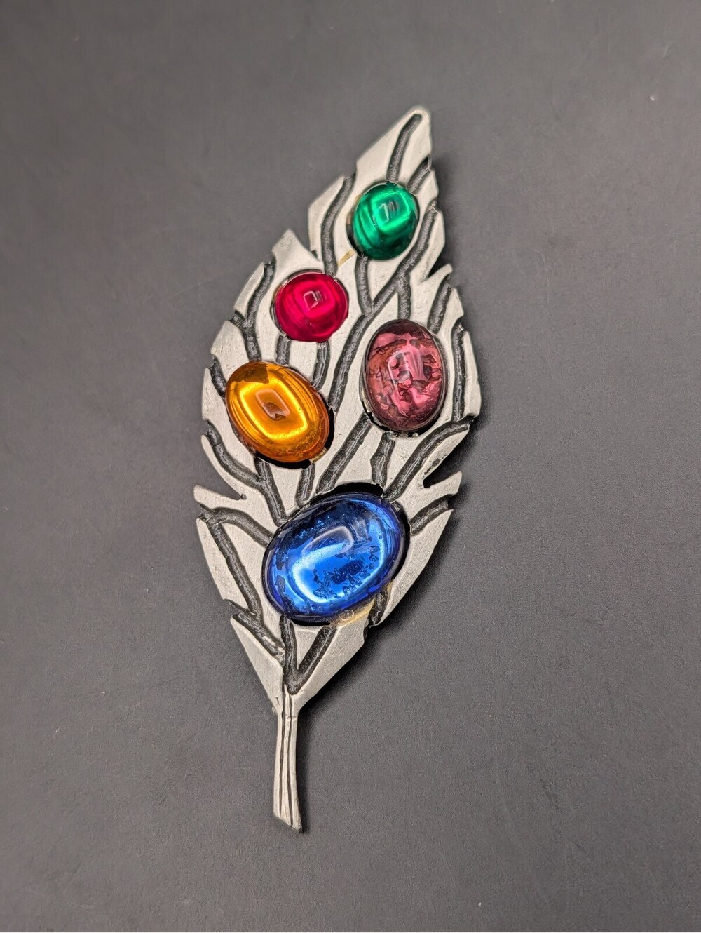 Vintage JJ Signed Silver Tone Feather Brooch Pin Multi Color Cabochons 3.5"